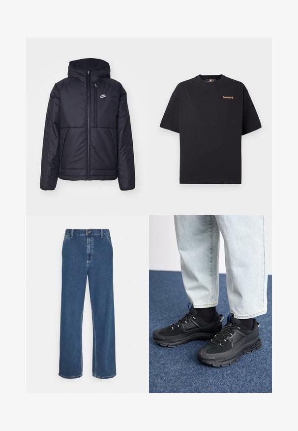 Black, padded Nike jacket with a front zipper and hood. Features a white logo on the left chest and dual front pockets. Smooth exterior texture.; Black short-sleeve crew neck Timberland T-shirt with small tan logo on the upper left chest, displayed on a white background.; Blue denim jeans with a straight cut, five-pocket design, metal button closure, and visible stitching along seams and hem.; Black athletic shoes with textured fabric and rubber soles, featuring elastic laces and a blue accent on the heel. Worn with light denim pants.