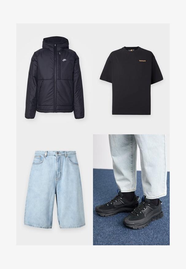 Czarna, pikowana kurtka Nike z przednim zamkiem błyskawicznym i kapturem. Posiada białe logo po lewej stronie klatki piersiowej oraz podwójne kieszenie z przodu. Gładka struktura zewnętrzna.; Czarny t-shirt Timberland z krótkim rękawem i okrągłym dekoltem, z małym brązowym logo na górnej lewej piersi, prezentowany na białym tle.; Jasnoniebieskie szorty dżinsowe o luźnym kroju, z dwoma kieszeniami z przodu, zamkiem błyskawicznym i widocznymi przeszyciami.; Czarne buty sportowe z teksturowanej tkaniny i gumowymi podeszwami, z elastycznymi sznurówkami i niebieskim akcentem na pięcie. Noszone z jasnymi dżinsami.