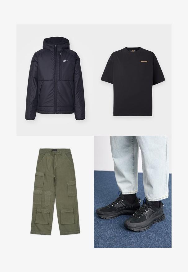Černá zateplená bunda Nike s předním zipem a kapucí. Na levé straně hrudi má bílé logo a dvojité přední kapsy. Hladký povrch.; Černé tričko Timberland s krátkým rukávem a kulatým výstřihem, s malým hnědým logem na levé části hrudi, vystavené na bílém pozadí.; Olivově zelené cargo kalhoty vyrobené z měkké tkaniny, s více kapsami, rovného střihu a prošívanými detaily. Logo značky na pase.; Černé sportovní boty s texturovanou tkaninou a gumovou podrážkou, s elastickými tkaničkami a modrým akcentem na patě. Nosí se s světlými džíny.