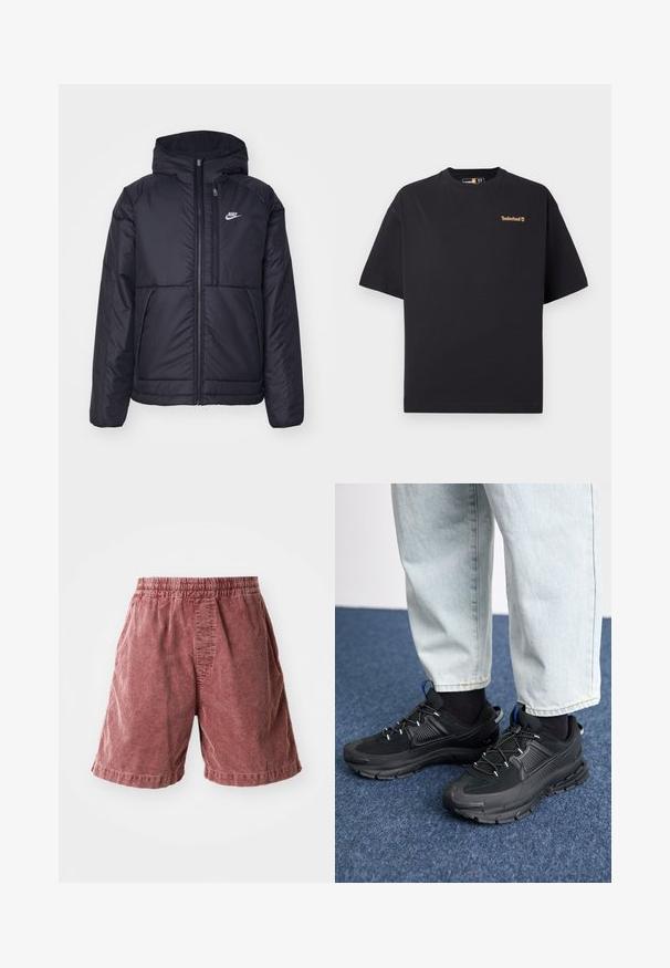 Schwarze, gepolsterte Nike-Jacke mit Frontreißverschluss und Kapuze. Hat ein weißes Logo auf der linken Brust und zwei Fronttaschen. Glattes äußeres Material.; Schwarzes Timberland T-Shirt mit kurzen Ärmeln und Rundhalsausschnitt, mit kleinem beigefarbenem Logo auf der oberen linken Brust, vor einem weißen Hintergrund präsentiert.; Rostfarbene Baumwollshorts mit einem elastischen Bund, die eine strukturierte Oberfläche und Seitentaschen aufweisen und knapp über dem Knie enden.; Schwarze Sportschuhe aus strukturiertem Stoff mit Gummisohlen, ausgestattet mit elastischen Schnürsenkeln und einem blauen Akzent an der Ferse. Getragen mit hellen Jeans.