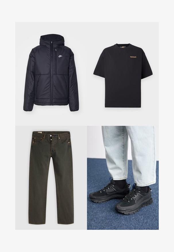 Čierna, polstrovaná bunda Nike so zipsom vpredu a kapucňou. Na ľavej strane hrude sa nachádza biele logo a sú tu dva predné vrecká. Hladký vonkajší povrch.; Čierne tričko Timberland s krátkym rukávom a okrúhlym výstrihom, s malým béžovým logom na hornej ľavej časti hrude, vystavené na bielom pozadí.; Tmavo zelené džínsy vyrobené z denimu, s rovnou nohavicou, piatimi vreckami, meďou sfarbeným kovovým doplnkom a decentným umývacím vzorom.; Čierne športové topánky s textúrovanou tkaninou a gumovou podrážkou, so elastickými šnúrkami a modrým akcentom na päte. Nosia sa s svetlými riflami.