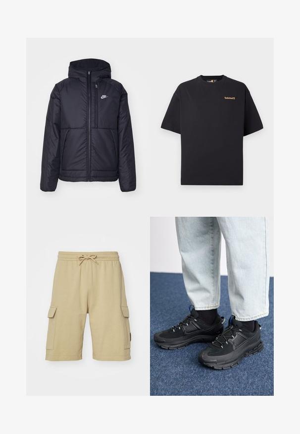 Must musta Nike jope, millel on ees lukuga avamine ja kapuuts. Vasakpoolne rind on kaunistatud valge logoga ning ees on kaks taskut. Sile välimine tekstuur.; Must helevarviga must Timberlandi T-särk lühikeste varrukatega ja ümar kaelus, mille ülemises vasakus rinnas on väike beež logo, esitatud valgel taustal.; Bežist puuvillased cargo-lühikesed püksid elastse vöökohta, nööriga ja küljetaskutega. Sile tekstuur ja põlvedeni ulatuv disain.; Mustad mustad jooksukingad, millel on tekstureeritud kangas ja kummist tallad, elastsed nöörid ning sinine aksent kandadel. Kandmine heledate teksadega.