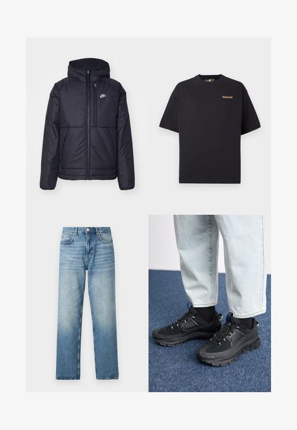 Veste Nike noire rembourrée avec une fermeture éclair sur le devant et une capuche. Elle présente un logo blanc sur la poitrine gauche et deux poches avant. Texture extérieure lisse.; T-shirt noir à col rond et manches courtes de Timberland avec un petit logo beige sur le côté supérieur gauche de la poitrine, présenté sur un fond blanc.; Jean en denim bleu clair à coupe droite, avec une fermeture à bouton, cinq poches, et un léger délavage près de l'ourlet. Texture plate.; Des chaussures de sport noires avec un tissu texturé et des semelles en caoutchouc, dotées de lacets élastiques et d'un accent bleu au talon. Portées avec un pantalon en denim clair.