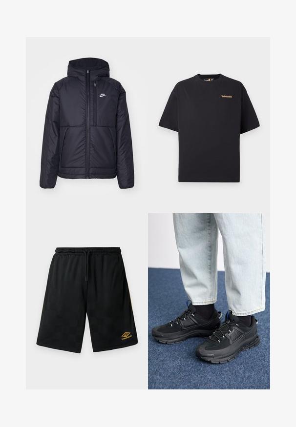 Juodas, paminkštintas Nike džemperis su priekyje užtrauktuku ir gobtuvu. Pasižymi balta logo kairėje krūtinės pusėje ir dviem priekinėmis kišenėmis. Su lygiu išoriniu paviršiumi.; Juodas trumpas rankoves T-palaidinė su apvalia kaklo iškirpte Timberland, su mažu rusvu logotipu kairiajame viršutiniame krūtinės kampe, pateikta ant balto fono.; Juodi sportiniai šortai su subtiliu languotu raštu, elastinga juosmens juosta su juostele, auksinė Umbro logo ant apatinės kojos ir auksinės šoninės juostelės.; Juodi sportiniai bateliai su tekstūruota medžiaga ir guminiais padais, su elastingomis raišteliais ir mėlynu akcentu ant kulno. Dėvimi su šviesiai mėlynomis džinsinėmis kelnėmis.
