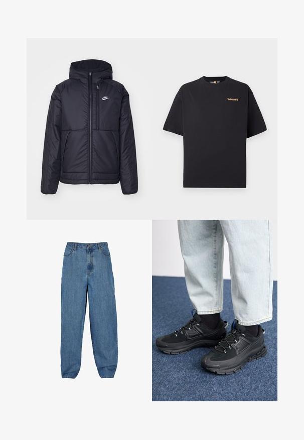 Crna Nike jakna s podstavom, dugmadi sprijeda i kapuljačom. Ima bijeli logotip na lijevoj strani prsnog koša i dva prednja džepa. Glatka vanjska tekstura.; Crna kratka majica s kružnim izrezom Timberland s kratkim rukavima i malim bež logotipom na gornjem lijevom dijelu prsa, prikazana na bijeloj pozadini.; Svijetloplave traperice s visokim strukom, širokim nogavicama, pet džepova i zatvaranjem na gumb i patentni zatvarač.; Crne atletske cipele s teksturiranom tkaninom i gumene potplate, s elastičnim vezicama i plavim akcentom na peti. Nosene su s svijetlim trapericama.