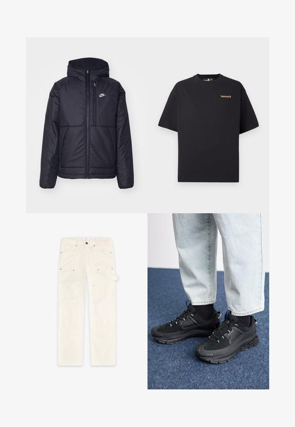 Black, padded Nike jacket with a front zipper and hood. Features a white logo on the left chest and dual front pockets. Smooth exterior texture.; Black short-sleeve crew neck Timberland T-shirt with small tan logo on the upper left chest, displayed on a white background.; Light beige pants made of textured fabric, featuring front and side pockets, metal hardware, and embossed logo detailing on the legs.; Black athletic shoes with textured fabric and rubber soles, featuring elastic laces and a blue accent on the heel. Worn with light denim pants.