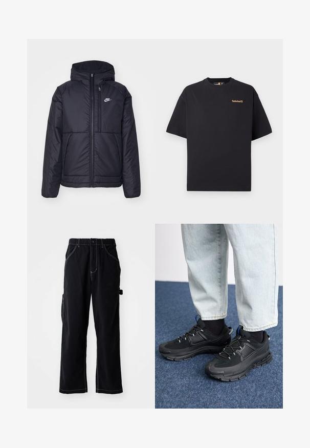 Schwarze, gepolsterte Nike-Jacke mit Frontreißverschluss und Kapuze. Hat ein weißes Logo auf der linken Brust und zwei Fronttaschen. Glattes äußeres Material.; Schwarzes Timberland T-Shirt mit kurzen Ärmeln und Rundhalsausschnitt, mit kleinem beigefarbenem Logo auf der oberen linken Brust, vor einem weißen Hintergrund präsentiert.; Schwarze Cargo-Hosen mit einer lockeren Passform, featuring einem Kordelzugbund, seitlichen Taschen und kontrastierenden weißen Nähten.; Schwarze Sportschuhe aus strukturiertem Stoff mit Gummisohlen, ausgestattet mit elastischen Schnürsenkeln und einem blauen Akzent an der Ferse. Getragen mit hellen Jeans.