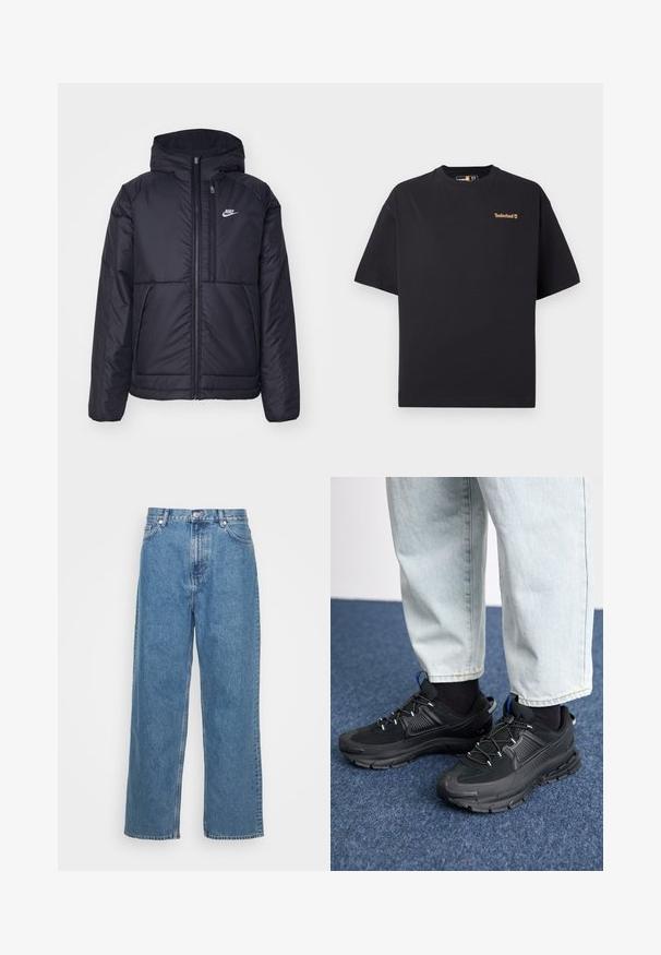 Must musta Nike jope, millel on ees lukuga avamine ja kapuuts. Vasakpoolne rind on kaunistatud valge logoga ning ees on kaks taskut. Sile välimine tekstuur.; Must helevarviga must Timberlandi T-särk lühikeste varrukatega ja ümar kaelus, mille ülemises vasakus rinnas on väike beež logo, esitatud valgel taustal.; Weekday GALAXY LOOSE STRAIGHT UNISEX - Loose fit teksad - blue; Mustad mustad jooksukingad, millel on tekstureeritud kangas ja kummist tallad, elastsed nöörid ning sinine aksent kandadel. Kandmine heledate teksadega.