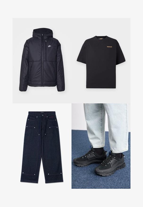 Fekete, párnázott Nike dzseki elülső cipzárral és kapucnival. A bal mellen fehér logó található, valamint két elülső zseb. Simának tűnő külső felület.; Fekete, rövid ujjú, kerek nyakú Timberland póló, kicsi, világosbarna logóval a bal felső mellrészén, fehér háttér előtt.; Sötét farmert colorú, széles lábú nadrág, két elülső zsebbel, ezüst színű részletekkel és kontrasztos piros varrással. Gombos záródással és márka logóval rendelkezik.; Fekete sportcipők texturált anyaggal és gumitalppal, elasztikus fűzőkkel és kék kiegészítővel a saroknál. Világos farmernadrággal viselve.