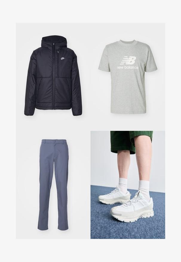 Veste Nike noire rembourrée avec une fermeture éclair sur le devant et une capuche. Elle présente un logo blanc sur la poitrine gauche et deux poches avant. Texture extérieure lisse.; T-shirt en coton gris clair avec des manches courtes, un col rond et un logo "New Balance" blanc bien en évidence sur le devant.; Pantalon bleu à jambes droites en tissu léger avec une texture lisse, doté de poches avant et d'une fermeture à bouton à la taille.; Des chaussures de sport blanches avec des superpositions texturées, une semelle épaisse et des accents gris. Portées avec des chaussettes blanches et des shorts verts sur une surface bleue.