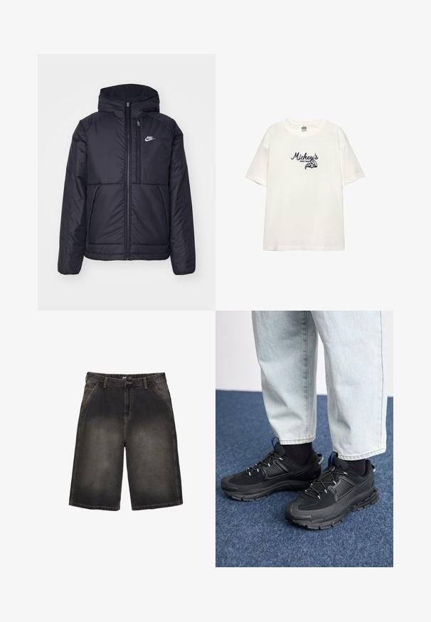 Fekete, párnázott Nike dzseki elülső cipzárral és kapucnival. A bal mellen fehér logó található, valamint két elülső zseb. Simának tűnő külső felület.; Fehér pamut póló rövid ujjakkal. Navy kék hímzett "Mickey's" felirattal és pizzás grafikával díszítve. Egyszerű kötött nyakkivágás.; Sötét szürke mosott farmer sort, öt zsebbel, övakasztókkal és kontrasztos varratokkal. Az anyagon finom fakulás látható.; Fekete sportcipők texturált anyaggal és gumitalppal, elasztikus fűzőkkel és kék kiegészítővel a saroknál. Világos farmernadrággal viselve.