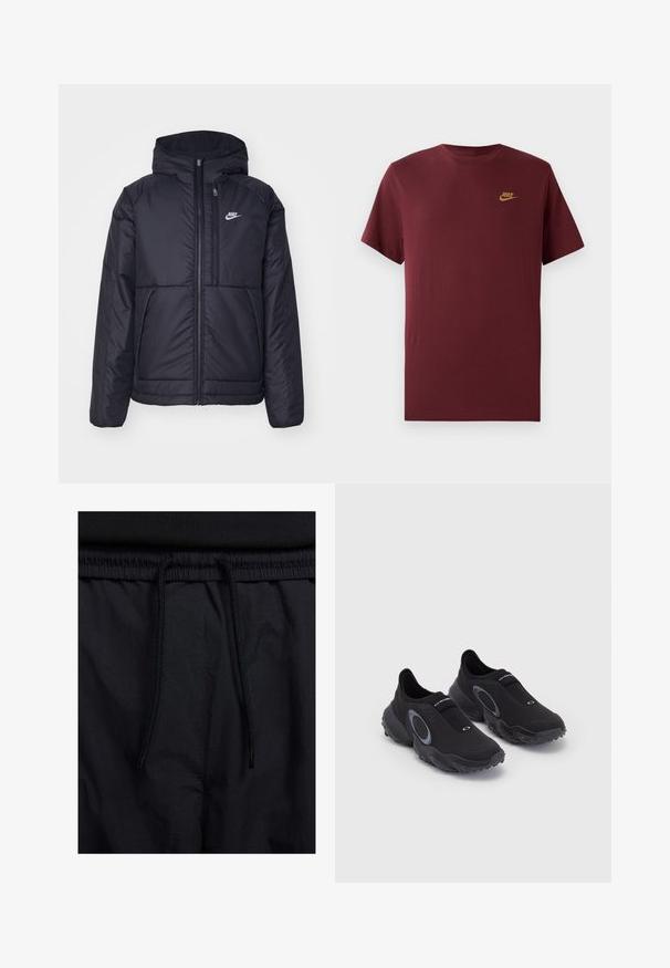 Črna, podložena Nike jakna z sprednjim zadrgo in kapuco. Ima bel logo na levem prsnem delu in dvojna sprednja žepa. Gladka zunanja tekstura.; Bordo majica s kratkimi rokavi Nike z zlatim logotipom Nike na levem prsnem delu, preprost kroj s okroglim izrezom, prikazana na beli podlagi.; Črne kratke hlače z vrvico v pasu, lahkotna tkanina z gladko teksturo in preprosto zasnovo brez vidnih logotipov ali vzorcev.; Črne slip-on športne copate z teksturiranim zgornjim delom in gumijastim podplatom. Imajo sivo krožno dekoracijo in elastični trak čez gleženj za boljše prileganje.