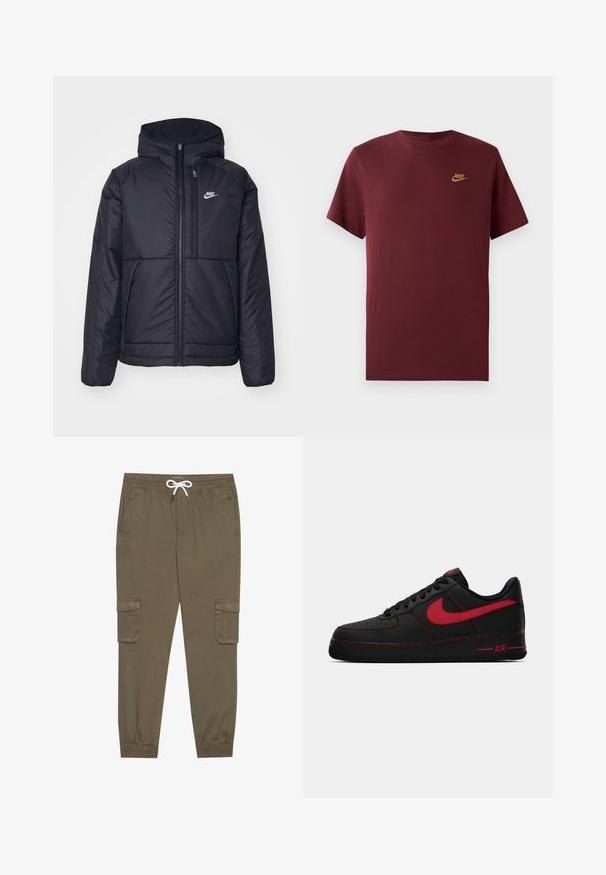 Crna Nike jakna s podstavom, dugmadi sprijeda i kapuljačom. Ima bijeli logotip na lijevoj strani prsnog koša i dva prednja džepa. Glatka vanjska tekstura.; Bordo kratki rukav Nike majica s zlatnim Nike logotipom na lijevoj strani prsiju, jednostavan dizajn s okruglim izrezom, prikazana na bijeloj pozadini.; Khački cargo hlače s elastičnom strukom i vezicom, s bočnim džepovima i suženim gležnjevima. Izrađene od teksturiranog, laganog materijala.; Crne kožne Nike Air Force 1 tenisice s crvenim akcentskim detaljima, koje imaju glatku teksturu, perforirane prste i kontrastno crveno šivanje.