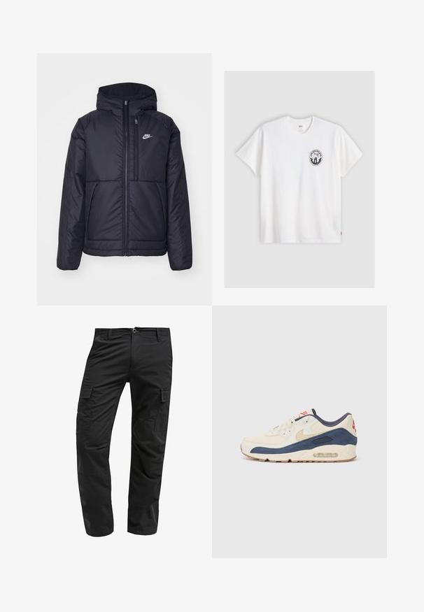 Must musta Nike jope, millel on ees lukuga avamine ja kapuuts. Vasakpoolne rind on kaunistatud valge logoga ning ees on kaks taskut. Sile välimine tekstuur.; Valge puuvillane t-särk lühikeste varrukatega, ümmarguse kaelusega ja musta ringikujulise logoga vasakul rinnal, kus on stiliseeritud kujundus.; Mustad mustad püksid sirge lõikega, valmistatud vastupidavast kangast, millel on mitmed küljetaskud ja nupuga kinnitamine vööl.; Kreem nahk ja tumesinise nubukiga ülaosa, millel on nähtav õhksool, beež kummist välistald ja punane aktsent kanna peal.