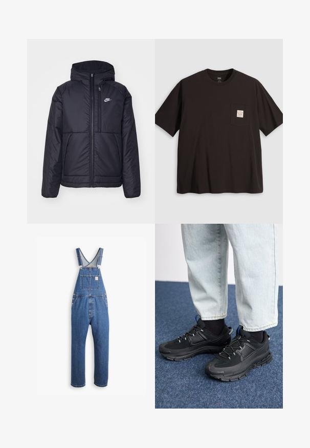 Svart, polstret Nike-jakke med frontglidelås og hette. Har en hvit logo på venstre bryst og doble frontlommer. Glatt ytterside.; Sorth svart bomull T-skjorte med rund hals, korte ermer og en firkantet lomme med en rosa og hvit etikett på venstre bryst.; Denim overall i mellomblått, med justerbare stropper, en frontlomme og metallbeslag, med en avslappet passform og rett ben-design.; Svarte sportssko med teksturert stoff og gummisåler, med elastiske lisser og en blå detalj på hælen. Brukt med lyse denimbukser.