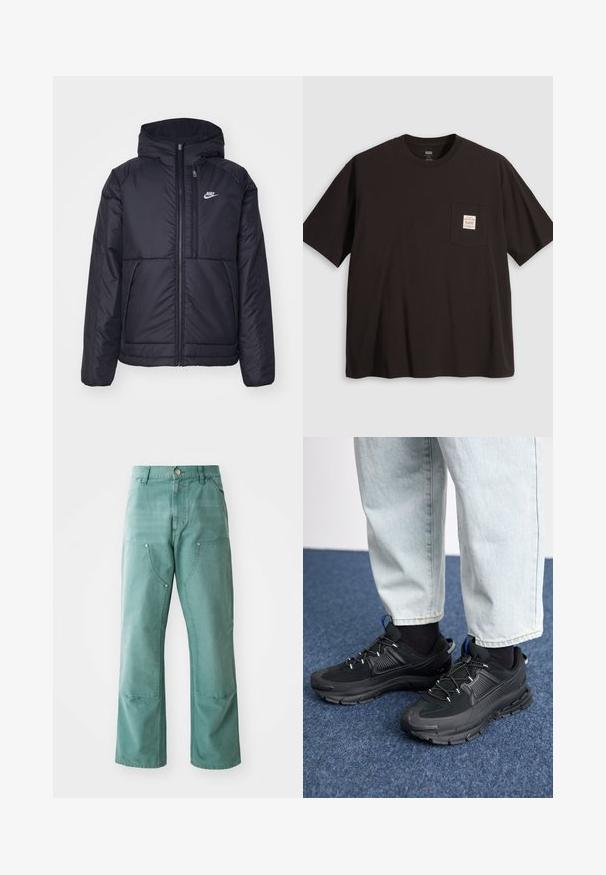 Černá zateplená bunda Nike s předním zipem a kapucí. Na levé straně hrudi má bílé logo a dvojité přední kapsy. Hladký povrch.; Černé bavlněné tričko s kulatým výstřihem, krátkými rukávy a čtvercovou kapsou se růžovo-bílou nášivkou na levé hrudi.; Dlouhé kalhoty v teal barvě, vyrobené z denimové látky. Mají přední kapsy s šikmým otvorem a kovové cvočky jako ozdobu.; Černé sportovní boty s texturovanou tkaninou a gumovou podrážkou, s elastickými tkaničkami a modrým akcentem na patě. Nosí se s světlými džíny.