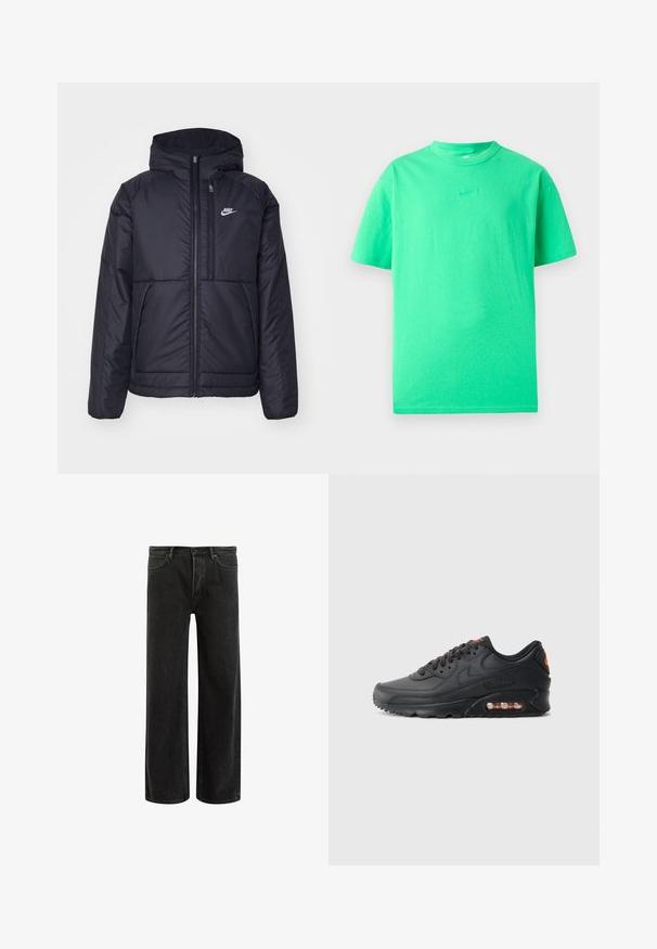 Must musta Nike jope, millel on ees lukuga avamine ja kapuuts. Vasakpoolne rind on kaunistatud valge logoga ning ees on kaks taskut. Sile välimine tekstuur.; Roheline puuvillane t-särk lühikeste varrukatega, ümmarguse kaelusega, millel on rinnal tumedamas rohelises värvitoonis tikandiga Nike logo.; Mustadest denimist laiad püksid kõrge vöökoht, klassikalise viie taskuga disain ja õrn pleekinud välimus tekstuurilise ilme saavutamiseks.; Nike Air Max 90 tossud, millel on must sünteetiline ülaosa, tekstureeritud viimistlus, paeltega esiosa, nähtav õhuüksus ja oranž lisamärk.
