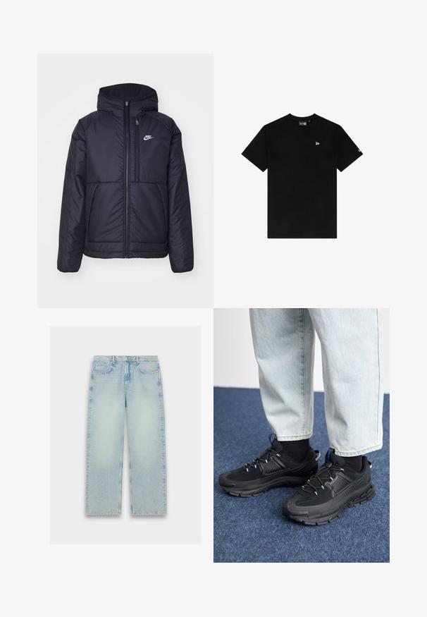 Must musta Nike jope, millel on ees lukuga avamine ja kapuuts. Vasakpoolne rind on kaunistatud valge logoga ning ees on kaks taskut. Sile välimine tekstuur.; Must mustrips, millede lõhikuga, lühikeste varrukatega, millel on vasakul rinnal väike valge logo ning ilma lisamustrite ja aktsentideta.; Heledad sinine, kõrge vöökoht ja sirge jalgade disainiga denim püksid, pleekinud tekstuur ja klassikaline viie-tasku stiil.; Mustad mustad jooksukingad, millel on tekstureeritud kangas ja kummist tallad, elastsed nöörid ning sinine aksent kandadel. Kandmine heledate teksadega.