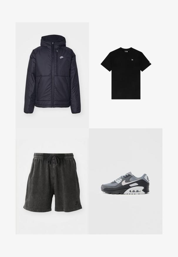 Melna, pufota Nike jaka ar priekšējo rāvējslēdzēju un kapuci. Iezīmēta ar baltu logotipu uz kreisās krūtis un divām priekšējām kabatām. Gluda ārējā tekstūra.; Melnas kokvilnas T-krekls ar apaļu kakla izgriezumu, īsām piedurknēm, ar mazu baltu logo kreisajā krūtī un bez papildus rakstiem vai akcentiem.; Ogļu pelēki šorti, izgatavoti no kokvilnas sajaukuma, ar elastīgu jostasvietu un auklu, kā arī ar mazu logotipu apakšējā pusē.; Pelēki sporta apavi ar acs un zamšāda materiālu kombināciju, melnu zolīti un redzamu gaisa spilventiņu. Izceltas gaiši pelēkas detaļas un auklas.