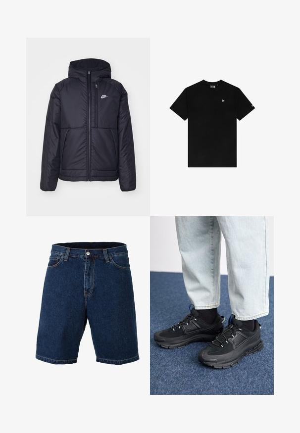 Casaco Nike preto, acolchoado, com fecho à frente e capuz. Apresenta um logo branco no lado esquerdo do peito e dois bolsos frontais. Textura exterior lisa.; T-shirt preta de algodão com decote redondo, mangas curtas, com um pequeno logótipo branco no lado esquerdo do peito e sem padrões ou detalhes adicionais.; Calções de ganga azul escuro com corte reto, cintura regular e fecho de botão metálico; apresentam costuras e bainha em amarelo contrastante.; Sapatilhas desportivas pretas com tecido texturizado e solas em borracha, apresentando atacadores elásticos e um detalhe azul no calcanhar. Usadas com calças de ganga claras.