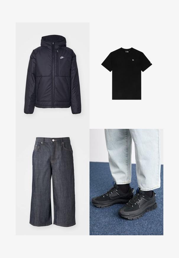 Casaco Nike preto, acolchoado, com fecho à frente e capuz. Apresenta um logo branco no lado esquerdo do peito e dois bolsos frontais. Textura exterior lisa.; T-shirt preta de algodão com decote redondo, mangas curtas, com um pequeno logótipo branco no lado esquerdo do peito e sem padrões ou detalhes adicionais.; Culottes de denim escuro com um design de perna larga, apresentando cinco bolsos, fecho de botão metálico e costuras contrastantes.; Sapatilhas desportivas pretas com tecido texturizado e solas em borracha, apresentando atacadores elásticos e um detalhe azul no calcanhar. Usadas com calças de ganga claras.