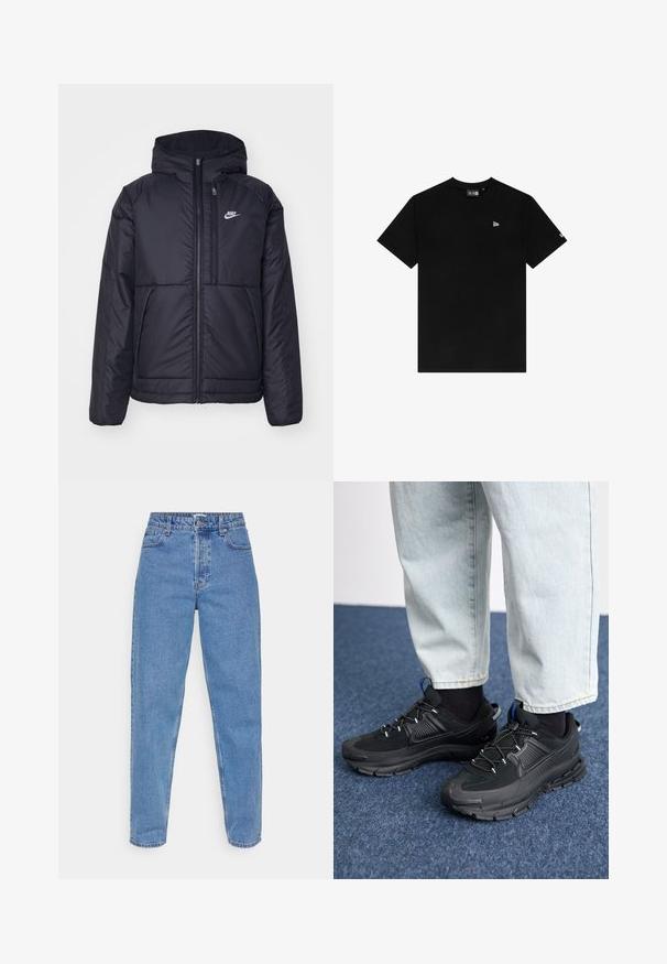 Czarna, pikowana kurtka Nike z przednim zamkiem błyskawicznym i kapturem. Posiada białe logo po lewej stronie klatki piersiowej oraz podwójne kieszenie z przodu. Gładka struktura zewnętrzna.; Czarna bawełniana koszulka z okrągłym dekoltem, krótkimi rękawami, z małym białym logo na lewej piersi i bez dodatkowych wzorów czy akcentów.; Jasnoniebieskie dżinsy, wysokoosadzone, o prostym kroju nogawki, z pięcioma kieszeniami oraz klasycznym zapięciem na guzik i zamek błyskawiczny.; Czarne buty sportowe z teksturowanej tkaniny i gumowymi podeszwami, z elastycznymi sznurówkami i niebieskim akcentem na pięcie. Noszone z jasnymi dżinsami.