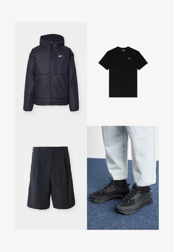 Svart, polstret Nike-jakke med frontglidelås og hette. Har en hvit logo på venstre bryst og doble frontlommer. Glatt ytterside.; Svart bomull T-skjorte med rund hals, korte ermer, med et lite hvitt logo på venstre bryst og ingen ekstra mønstre eller aksenter.; Weekday LOOSE SUIT - Shorts - black; Svarte sportssko med teksturert stoff og gummisåler, med elastiske lisser og en blå detalj på hælen. Brukt med lyse denimbukser.