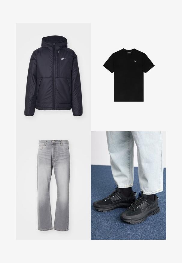 Zwarte, gewatteerde Nike-jas met een voorkant met ritssluiting en capuchon. Kenmerkt zich door een wit logo op de linkerborst en dubbele frontzakken. Gladde buitenkant.; Zwart katoenen T-shirt met een ronde hals, korte mouwen, met een klein wit logo op de linkerborst en zonder verdere patronen of accenten.; Grijze denim jeans met een recht gesneden ontwerp, subtiele vervaging en klassieke vijf-pocket styling. Voorzien van een knoop- en ritssluiting.; Zwarte sportschoenen met gestructureerde stof en rubberen zolen, met elastische veters en een blauwe accent op de hiel. Draag samen met lichte spijkerbroeken.