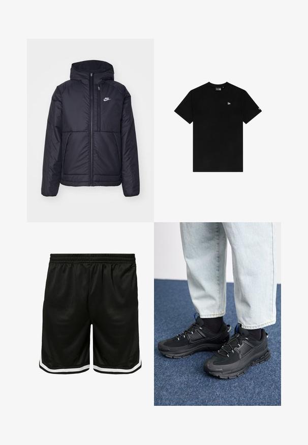Črna, podložena Nike jakna z sprednjim zadrgo in kapuco. Ima bel logo na levem prsnem delu in dvojna sprednja žepa. Gladka zunanja tekstura.; Črna bombažna majica s krožnim izrezom, kratkimi rokavi, ki ima majhen bel logotip na levem prsnem delu in brez dodatnih vzorcev ali dodatkov.; Črne športne kratke hlače iz mrežastega materiala, z elastičnim pasom, belimi stranskimi črtami in sproščenim krojem za udobje.; Črne športne čevlje z teksturirano tkanino in gumijastimi podplati, ki imajo elastične vezalke ter modre poudarke na peti. Nosi se z lahkimi denim hlačami.