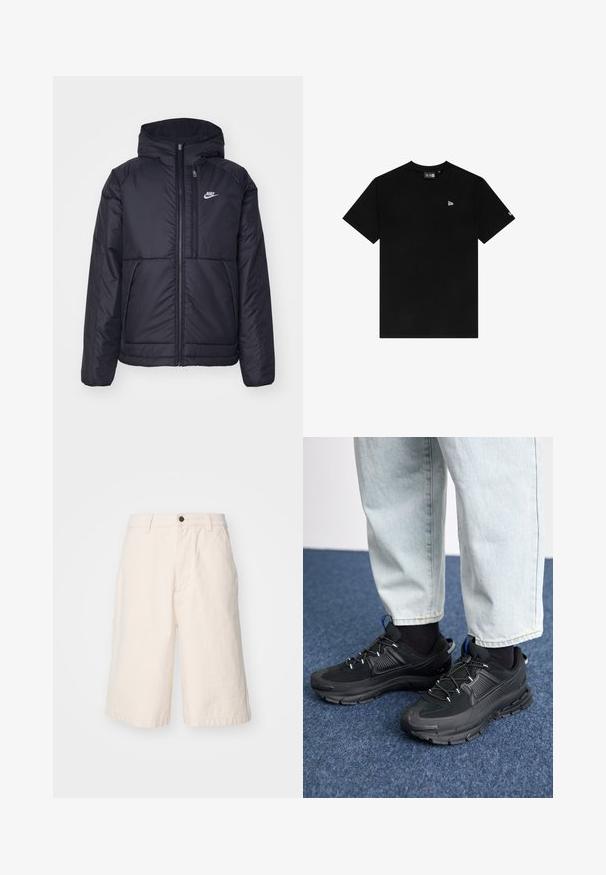 Veste Nike noire rembourrée avec une fermeture éclair sur le devant et une capuche. Elle présente un logo blanc sur la poitrine gauche et deux poches avant. Texture extérieure lisse.; T-shirt en coton noir avec un col rond, des manches courtes, présentant un petit logo blanc sur le côté gauche de la poitrine et sans autres motifs ni accents.; Shorts en coton beige clair avec une coupe droite, doté d'une fermeture à bouton, de poches latérales et d'un ourlet qui tombe juste au-dessus du genou.; Des chaussures de sport noires avec un tissu texturé et des semelles en caoutchouc, dotées de lacets élastiques et d'un accent bleu au talon. Portées avec un pantalon en denim clair.