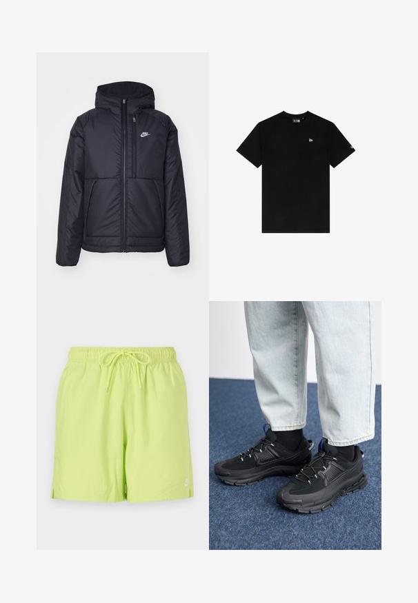 Svart, polstret Nike-jakke med frontglidelås og hette. Har en hvit logo på venstre bryst og doble frontlommer. Glatt ytterside.; Svart bomull T-skjorte med rund hals, korte ermer, med et lite hvitt logo på venstre bryst og ingen ekstra mønstre eller aksenter.; Neon grønne svømmebukser med elastisk talje og snor, med sideslids og en lille hvid logo på den nederste kant.; Svarte sportssko med teksturert stoff og gummisåler, med elastiske lisser og en blå detalj på hælen. Brukt med lyse denimbukser.