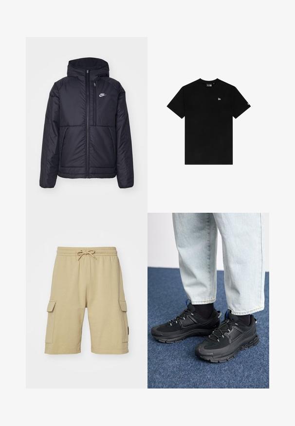 Fekete, párnázott Nike dzseki elülső cipzárral és kapucnival. A bal mellen fehér logó található, valamint két elülső zseb. Simának tűnő külső felület.; Fekete pamut póló, kerek nyakkal, rövid ujjú, bal mellen egy kis fehér logóval, további minták vagy díszítések nélkül.; Beige pamut cargo short, elasztikus derékkel, húzózsinórral és oldalsó zsebekkel. Simább textúra és térd hosszúságú dizájn.; Fekete sportcipők texturált anyaggal és gumitalppal, elasztikus fűzőkkel és kék kiegészítővel a saroknál. Világos farmernadrággal viselve.