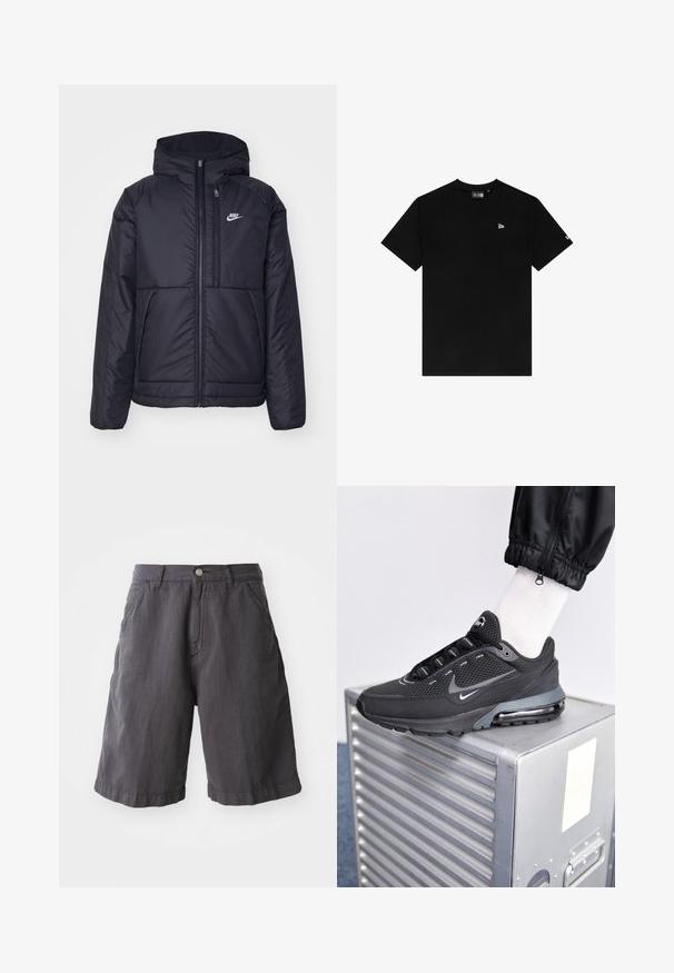 Schwarze, gepolsterte Nike-Jacke mit Frontreißverschluss und Kapuze. Hat ein weißes Logo auf der linken Brust und zwei Fronttaschen. Glattes äußeres Material.; Schwarzes Baumwoll-T-Shirt mit Rundhalsausschnitt und kurzen Ärmeln, mit einem kleinen weißen Logo auf der linken Brust und ohne zusätzliche Muster oder Akzente.; Dunkelgraue Baumwollshorts mit lockerer Passform, ausgestattet mit einem Knopfverschluss, Gürtelschlaufen und Seitentaschen, gestaltet mit einem schlichten Saum.; Nike Sportswear PULSE - Sneaker low - black/anthracite