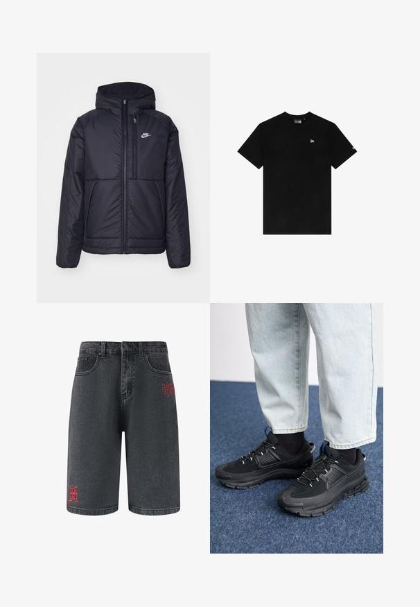 Zwarte, gewatteerde Nike-jas met een voorkant met ritssluiting en capuchon. Kenmerkt zich door een wit logo op de linkerborst en dubbele frontzakken. Gladde buitenkant.; Zwart katoenen T-shirt met een ronde hals, korte mouwen, met een klein wit logo op de linkerborst en zonder verdere patronen of accenten.; Zwarte denim shorts met voorzakken en decoratieve rode borduursels op het linkerpootje, met een merklocatie en ontwerpschrift.; Zwarte sportschoenen met gestructureerde stof en rubberen zolen, met elastische veters en een blauwe accent op de hiel. Draag samen met lichte spijkerbroeken.