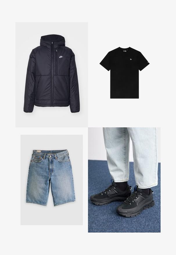 Svart, polstret Nike-jakke med frontglidelås og hette. Har en hvit logo på venstre bryst og doble frontlommer. Glatt ytterside.; Svart bomull T-skjorte med rund hals, korte ermer, med et lite hvitt logo på venstre bryst og ingen ekstra mønstre eller aksenter.; Lys blå denimshorts med klassisk snitt. Har fem lommer, oransje sømdetaljer og ukontrollerte kanter.; Svarte sportssko med teksturert stoff og gummisåler, med elastiske lisser og en blå detalj på hælen. Brukt med lyse denimbukser.