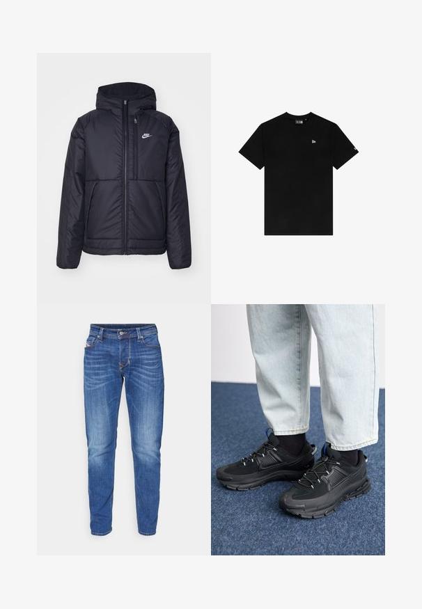 Melna, pufota Nike jaka ar priekšējo rāvējslēdzēju un kapuci. Iezīmēta ar baltu logotipu uz kreisās krūtis un divām priekšējām kabatām. Gluda ārējā tekstūra.; Melnas kokvilnas T-krekls ar apaļu kakla izgriezumu, īsām piedurknēm, ar mazu baltu logo kreisajā krūtī un bez papildus rakstiem vai akcentiem.; Zilas denima bikses ar taisnu piegriezumu, ar izbalējušu mazgāšanu, piecām kabatām un kontrastējošu šuvju izšuvumu.; Melni sporta apavi ar strukturētu audumu un gumijas zoli, ar elastīgām auklām un zilu akcentu uz papēža. Nēsāti ar gaišām džinsu biksēm.