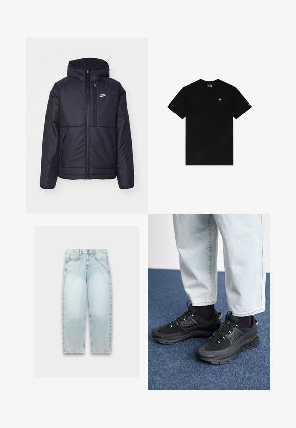 Black, padded Nike jacket with a front zipper and hood. Features a white logo on the left chest and dual front pockets. Smooth exterior texture.; Black cotton t-shirt with a crew neck, short sleeves, featuring a small white logo on the left chest and no additional patterns or accents.; Light blue denim jeans with a loose fit, straight legs, faded texture, five-pocket design, and metal button closure at the waistband.; Black athletic shoes with textured fabric and rubber soles, featuring elastic laces and a blue accent on the heel. Worn with light denim pants.