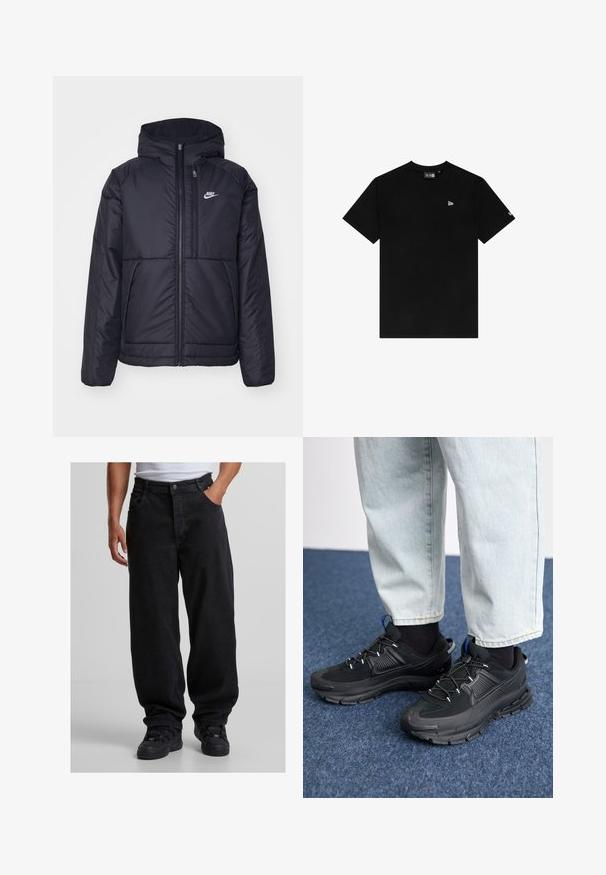 Black, padded Nike jacket with a front zipper and hood. Features a white logo on the left chest and dual front pockets. Smooth exterior texture.; Black cotton t-shirt with a crew neck, short sleeves, featuring a small white logo on the left chest and no additional patterns or accents.; Black, loose-fitting denim pants with a button closure and two front pockets. Worn with black athletic shoes and a white shirt.; Black athletic shoes with textured fabric and rubber soles, featuring elastic laces and a blue accent on the heel. Worn with light denim pants.