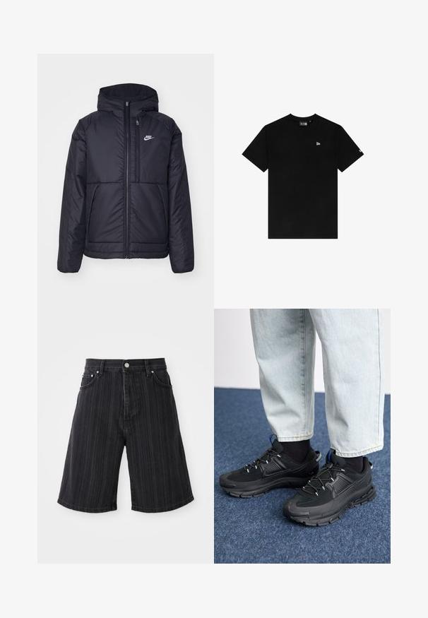 Black, padded Nike jacket with a front zipper and hood. Features a white logo on the left chest and dual front pockets. Smooth exterior texture.; Black cotton t-shirt with a crew neck, short sleeves, featuring a small white logo on the left chest and no additional patterns or accents.; Black denim shorts with a wide leg, featuring vertical pinstripes, front pockets, and metal hardware details.; Black athletic shoes with textured fabric and rubber soles, featuring elastic laces and a blue accent on the heel. Worn with light denim pants.