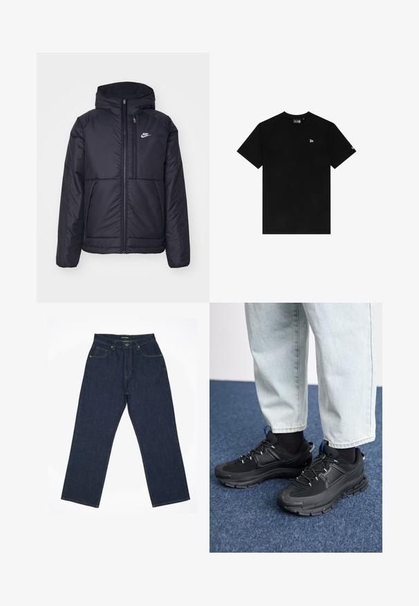 Czarna, pikowana kurtka Nike z przednim zamkiem błyskawicznym i kapturem. Posiada białe logo po lewej stronie klatki piersiowej oraz podwójne kieszenie z przodu. Gładka struktura zewnętrzna.; Czarna bawełniana koszulka z okrągłym dekoltem, krótkimi rękawami, z małym białym logo na lewej piersi i bez dodatkowych wzorów czy akcentów.; Granatowe dżinsy o prostym kroju, z żółtym przeszyciem, pięcioma kieszeniami i zapięciem na guzik w talii.; Czarne buty sportowe z teksturowanej tkaniny i gumowymi podeszwami, z elastycznymi sznurówkami i niebieskim akcentem na pięcie. Noszone z jasnymi dżinsami.