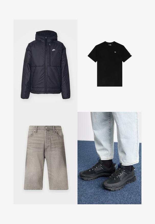 Black, padded Nike jacket with a front zipper and hood. Features a white logo on the left chest and dual front pockets. Smooth exterior texture.; Black cotton t-shirt with a crew neck, short sleeves, featuring a small white logo on the left chest and no additional patterns or accents.; Gray denim shorts with a straight leg cut, featuring a button fly, five pockets, and subtle fading across the fabric.; Black athletic shoes with textured fabric and rubber soles, featuring elastic laces and a blue accent on the heel. Worn with light denim pants.