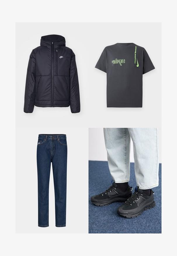 Črna, podložena Nike jakna z sprednjim zadrgo in kapuco. Ima bel logo na levem prsnem delu in dvojna sprednja žepa. Gladka zunanja tekstura.; Temno siva bomba iz bombaža z zelenim pikčastim logotipom "nike" in besedilom, z izrazitim zelenim odtenkom swoosh na strani.; Temno modri jeans z ravno nogavico, ki imajo pet žepov, zanke za pas in en gumb za zapiranje. Gladko teksturo in klasično šivanje.; Črne športne čevlje z teksturirano tkanino in gumijastimi podplati, ki imajo elastične vezalke ter modre poudarke na peti. Nosi se z lahkimi denim hlačami.