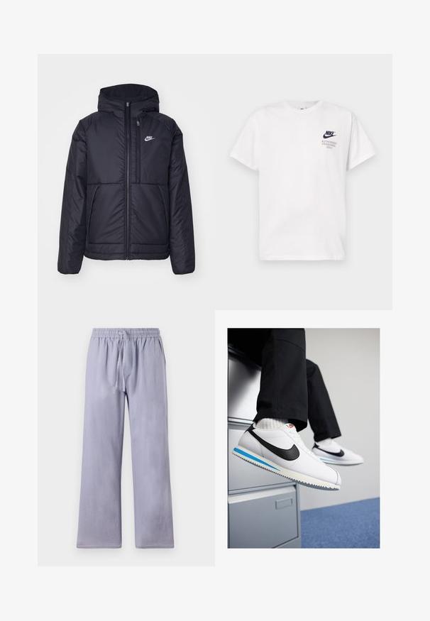 Must musta Nike jope, millel on ees lukuga avamine ja kapuuts. Vasakpoolne rind on kaunistatud valge logoga ning ees on kaks taskut. Sile välimine tekstuur.; Valge puuvillane T-särk lühikeste varrukatega, vasakul rinnal must Nike'i logo ja tekst "AINULT VOLITATUD ISIKUD".; Heledad lilla, vabalt lõhkuvad püksid laia säärega, valmistatud pehmest kangast. Omab elastset vööd ja kohandatavat paela sobivuse reguleerimiseks.; Valged nahast tossud musta Nike'i logoga, helesinise ja halli kummist tallaga ning klassikalise lipsuvariantiga. Jalad restingud dokumendikapil.