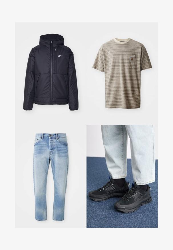 Black, padded Nike jacket with a front zipper and hood. Features a white logo on the left chest and dual front pockets. Smooth exterior texture.; Short-sleeve striped t-shirt in beige and brown, featuring a crew neckline and a chest pocket with a logo patch. Textured fabric.; Light blue denim jeans with a straight leg design, featuring two front pockets, a back pocket, and a button closure at the waist.; Black athletic shoes with textured fabric and rubber soles, featuring elastic laces and a blue accent on the heel. Worn with light denim pants.