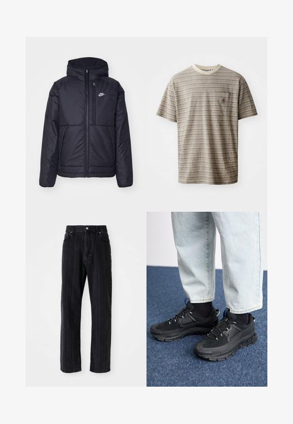 Černá zateplená bunda Nike s předním zipem a kapucí. Na levé straně hrudi má bílé logo a dvojité přední kapsy. Hladký povrch.; Krátký rukáv pruhované tričko v béžové a hnědé barvě, s kulatým výstřihem a náprsní kapsou s logem. Texturovaná tkanina.; Černé džíny z denimu s vertikálními pruhy, rovný střih, přední kapsy a zapínání na knoflík. Hladká textura a jednotná barva.; Černé sportovní boty s texturovanou tkaninou a gumovou podrážkou, s elastickými tkaničkami a modrým akcentem na patě. Nosí se s světlými džíny.