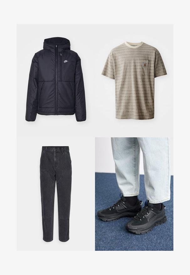 Jachetă Nike neagră, căptușită, cu fermoar pe față și glugă. Prezintă un logo alb pe pieptul stâng și două buzunare frontale. Textură exterioară netedă.; Tricou cu mânecă scurtă, în dungi, de culoare bej și maro, cu guler rotund și un buzunar pe piept cu o etichetă logo. Tesătură texturată.; Blugi negri din denim cu talie înaltă, croi drept și buzunare mari în față. Caracteristici: cusături contrastante și fără logo-uri vizibile.; Pantofi sport negri, cu țesătură texturată și tălpi din cauciuc, având șireturi elastice și un accent albastru pe toc. Purtați cu pantaloni din denim deschis.