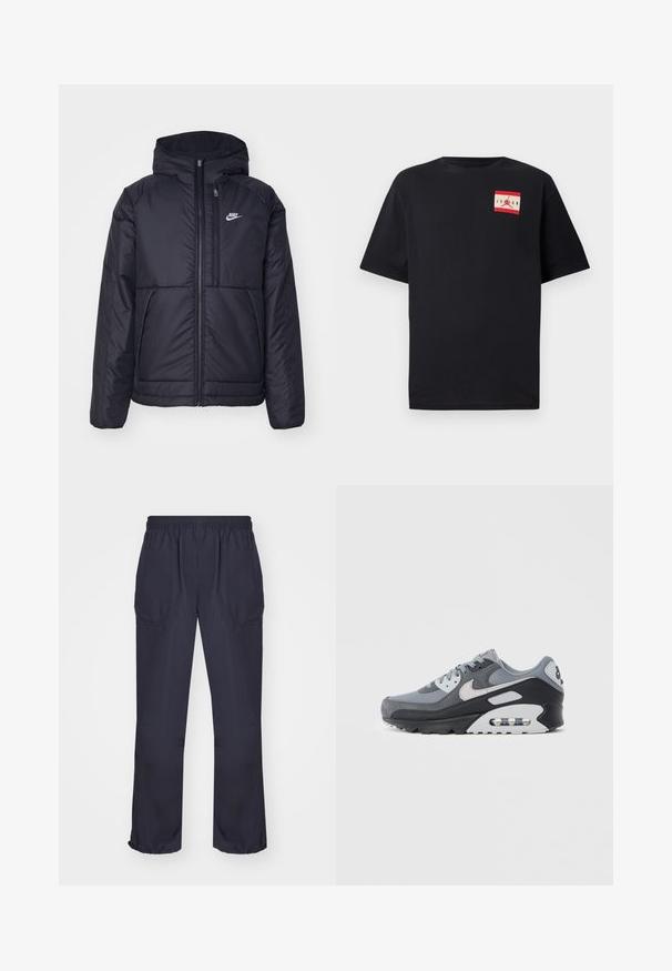Čierna, polstrovaná bunda Nike so zipsom vpredu a kapucňou. Na ľavej strane hrude sa nachádza biele logo a sú tu dva predné vrecká. Hladký vonkajší povrch.; Čierne tričko s krátkymi rukávmi vyrobené z bavlny, s červeným a bielym grafickým logom na ľavej strane hrudníka. Klasický dizajn s kruhovým výstrihom.; Námornícky modré športové nohavice s elastickým pásom, bočnými vreckami a elastickými manžetami na členkoch, vyrobené z ľahkého materiálu.; Šedá teniska s kombináciou sieťoviny a semišu, čiernou podrážkou a viditeľnou vzduchovou jednotkou. Výrazné svetlosivé doplnky a šnúrky.