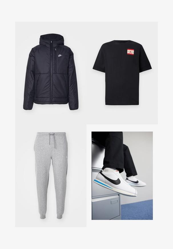 Casaco Nike preto, acolchoado, com fecho à frente e capuz. Apresenta um logo branco no lado esquerdo do peito e dois bolsos frontais. Textura exterior lisa.; T-shirt curto de mangas pretas, feito de algodão, com um patch gráfico de logo vermelho e branco na área do peito esquerdo. Design clássico de gola redonda.; Calças de moletão cinzentas com cintura ajustável por cordão, pernas afuniladas e bolsos laterais. Apresenta um pequeno logotipo branco na parte superior da coxa.; Ténis brancos de couro com um swoosh da Nike preto, sola de borracha azul claro e cinza, e design clássico de atacadores. Pés descansando sobre uma secretaria.