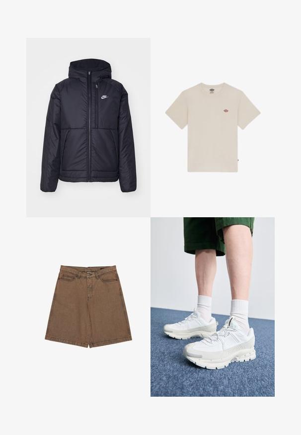 Schwarze, gepolsterte Nike-Jacke mit Frontreißverschluss und Kapuze. Hat ein weißes Logo auf der linken Brust und zwei Fronttaschen. Glattes äußeres Material.; Cremefarbene Baumwoll-T-Shirt mit kurzen Ärmeln, rundem Ausschnitt und einem kleinen, mehrfarbigen gestickten Logo auf der Brust.; Braune Denim-Shorts mit geradem Schnitt, großen Seitentaschen, Logodetail am Bund und kontrastierenden Nähten entlang der Säume.; Weiße Sportschuhe mit strukturierten Überzügen, einer dicken Sohle und grauen Akzenten. Tragen mit weißen Crew-Socken und grünen Shorts auf einer blauen Oberfläche.