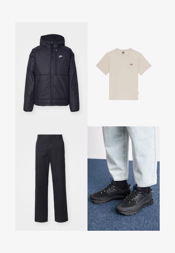 Must musta Nike jope, millel on ees lukuga avamine ja kapuuts. Vasakpoolne rind on kaunistatud valge logoga ning ees on kaks taskut. Sile välimine tekstuur.; Kreemivärvi puuvillane T-särk, lühikeste varrukatega, ümar kaelus ja väike mitmevärviline tikand logo rinnal.; Mustad sirged püksid, mis on valmistatud puuvilla segust. Omab lamedat esiosa vööd koos vöökohtadega ja ilma nähtavate riistade või kaunistusteta.; Mustad mustad jooksukingad, millel on tekstureeritud kangas ja kummist tallad, elastsed nöörid ning sinine aksent kandadel. Kandmine heledate teksadega.